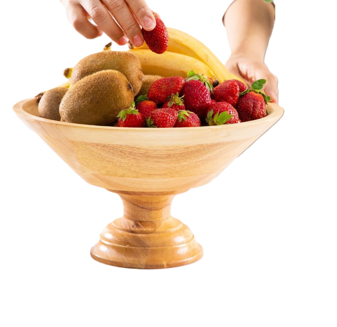 ظرف میوه‌خوری گرد پایه‌دار چوبی F01 با میوه‌های تازه روی میز