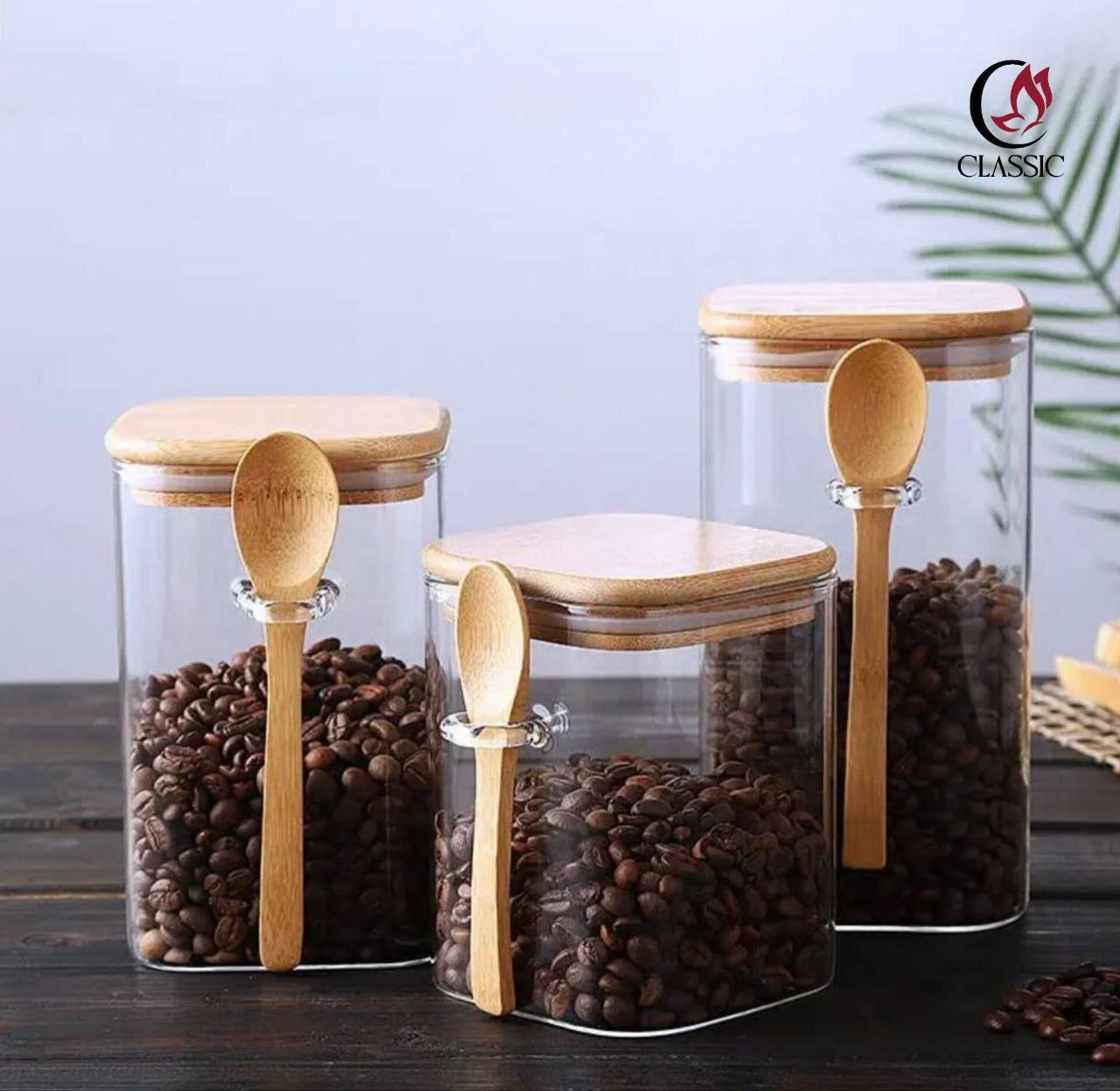 سینوا-بانکه شیشه‌ای مربعی با درب بامبو و قاشق کد K51