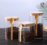 سینوا-بانکه شیشهای مربعی با درب بامبو و قاشق کد K51